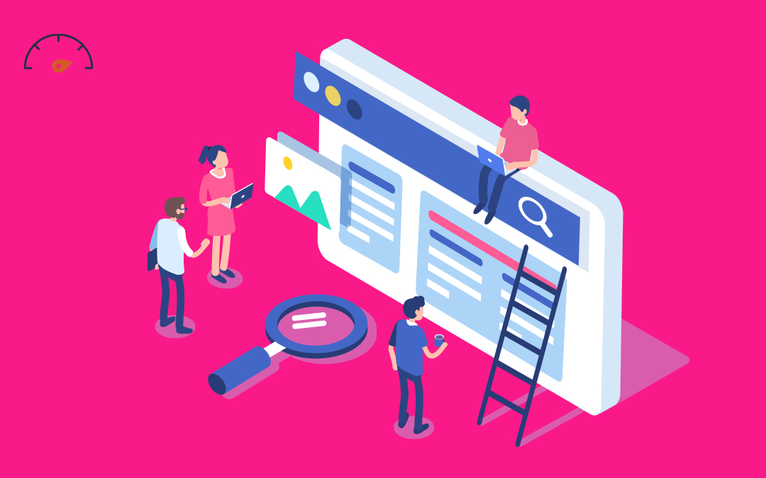 Featured image of people looking at 3D webpage and a ladder and magnifying glass beside it with pink background