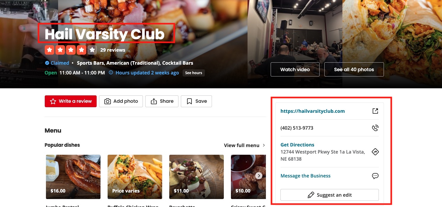 Screenshot of Hail Varsity Club Yelp Page with red box around name, link to website, phone number, address, and "Message the Business" in right margin of webpage