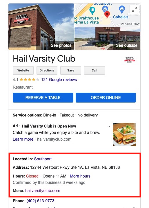 Screenshot of Hail Varsity Club Google Business Profile with address, hours, and menu in red box