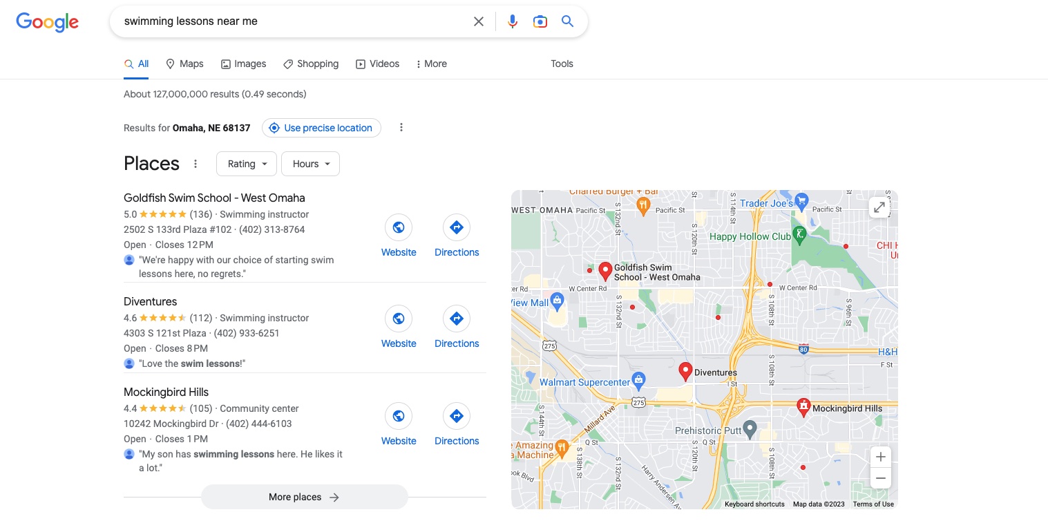Screenshot of SERP for "swimming lessons near me" and top three results in Map Pack are Goldfish Swim School, Diventures, and Mockingbird Hills with pin placements of each in map to the right