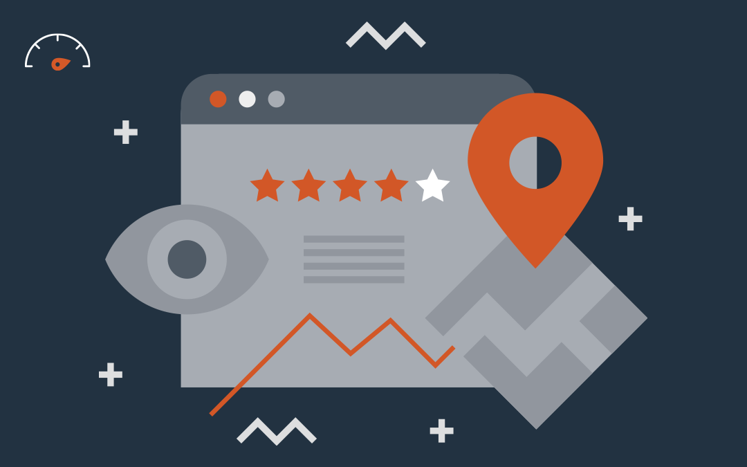 Cartoon Image of a Webpage with Star Reviews and Map Pin Placed On It