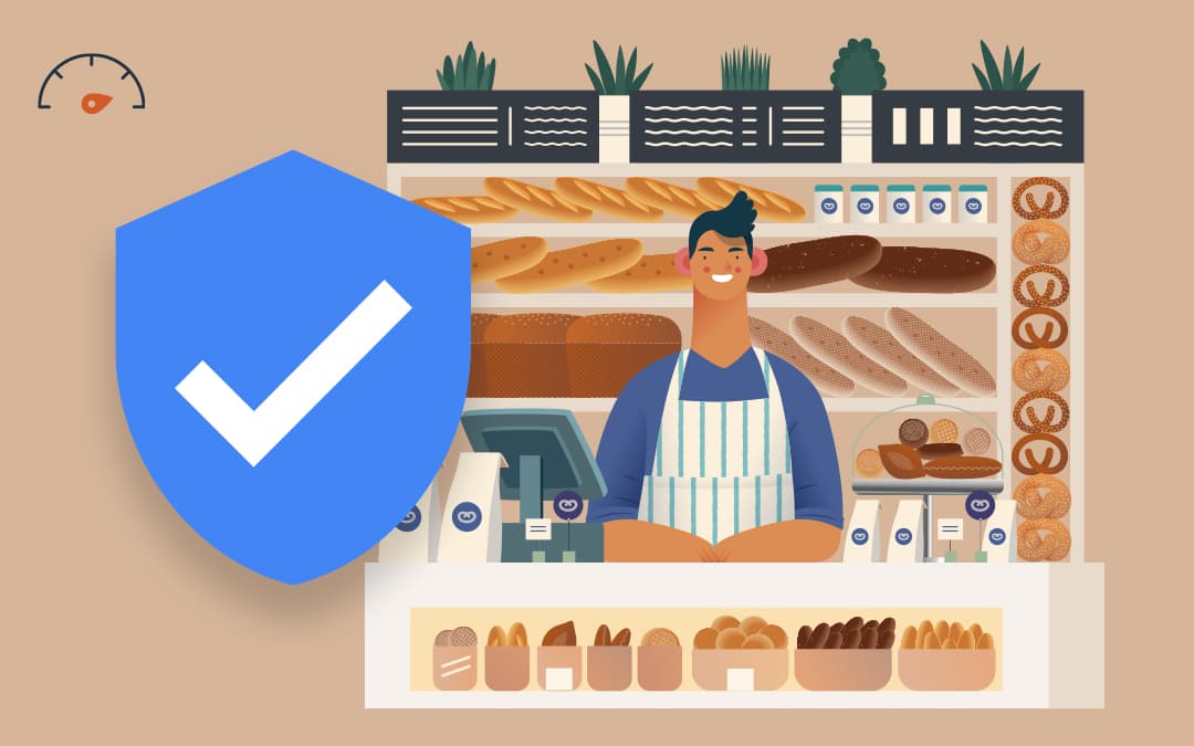 Cartoon Small Business Owner with a Google Verification Blue Check