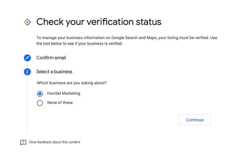 Screenshot of Google My Business Verification: Business Select