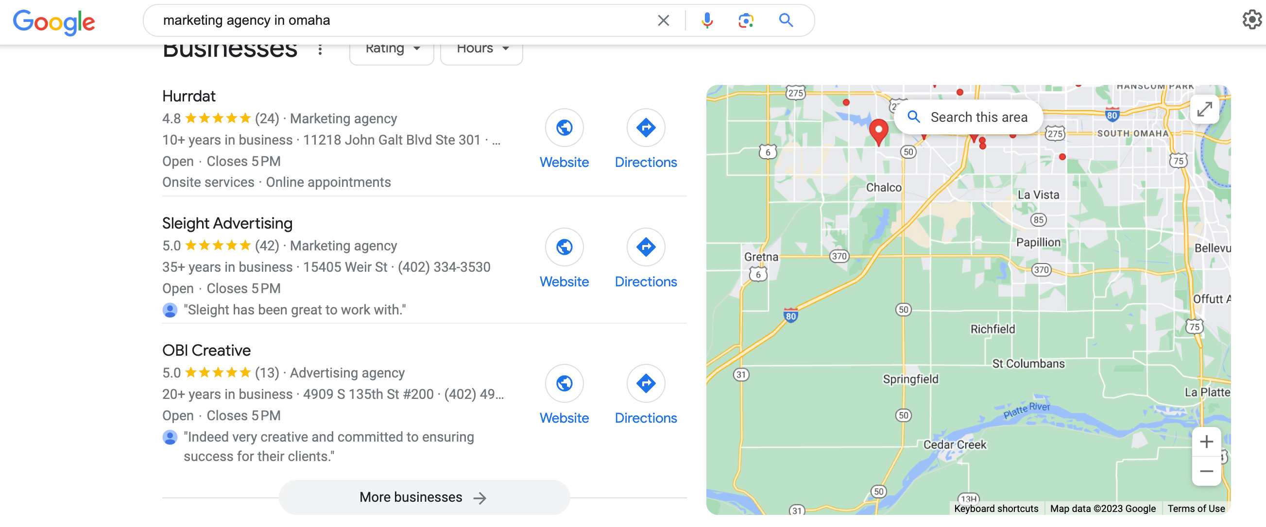 Screenshot of Google Map Pack results from search term "marketing agencies in Omaha" with Hurrdat, Sleight Advertising, and OBI Creative appearing in three results