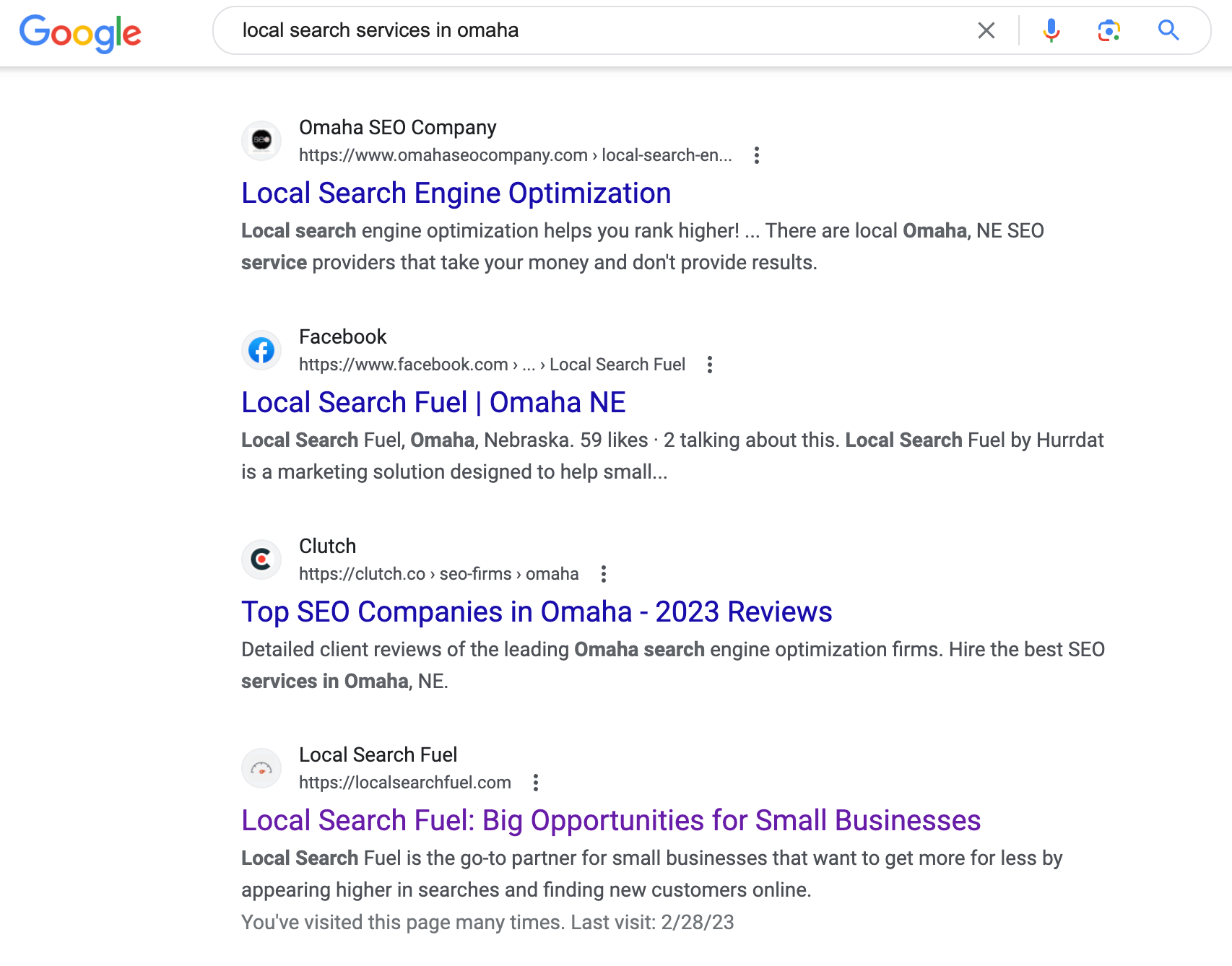 Screenshot of organic search results on Google for search term "local search services in omaha"