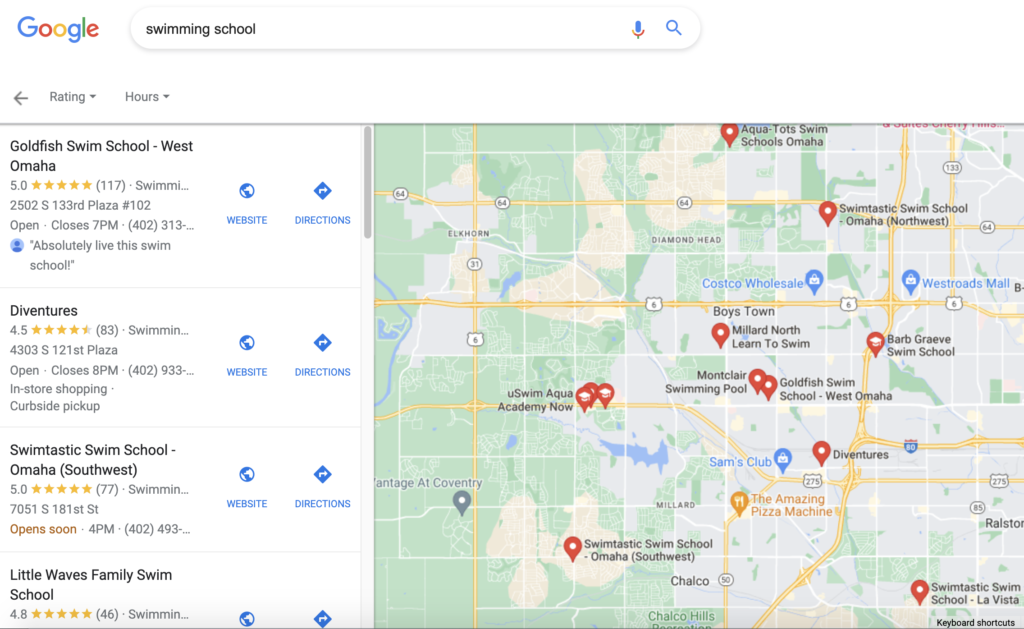 Local search rankings for swimming schools in Omaha