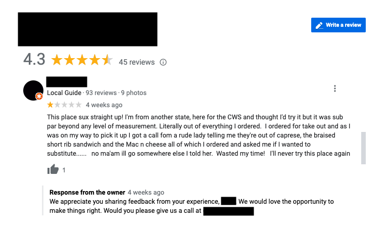 An example of a calm response to a bad online business review