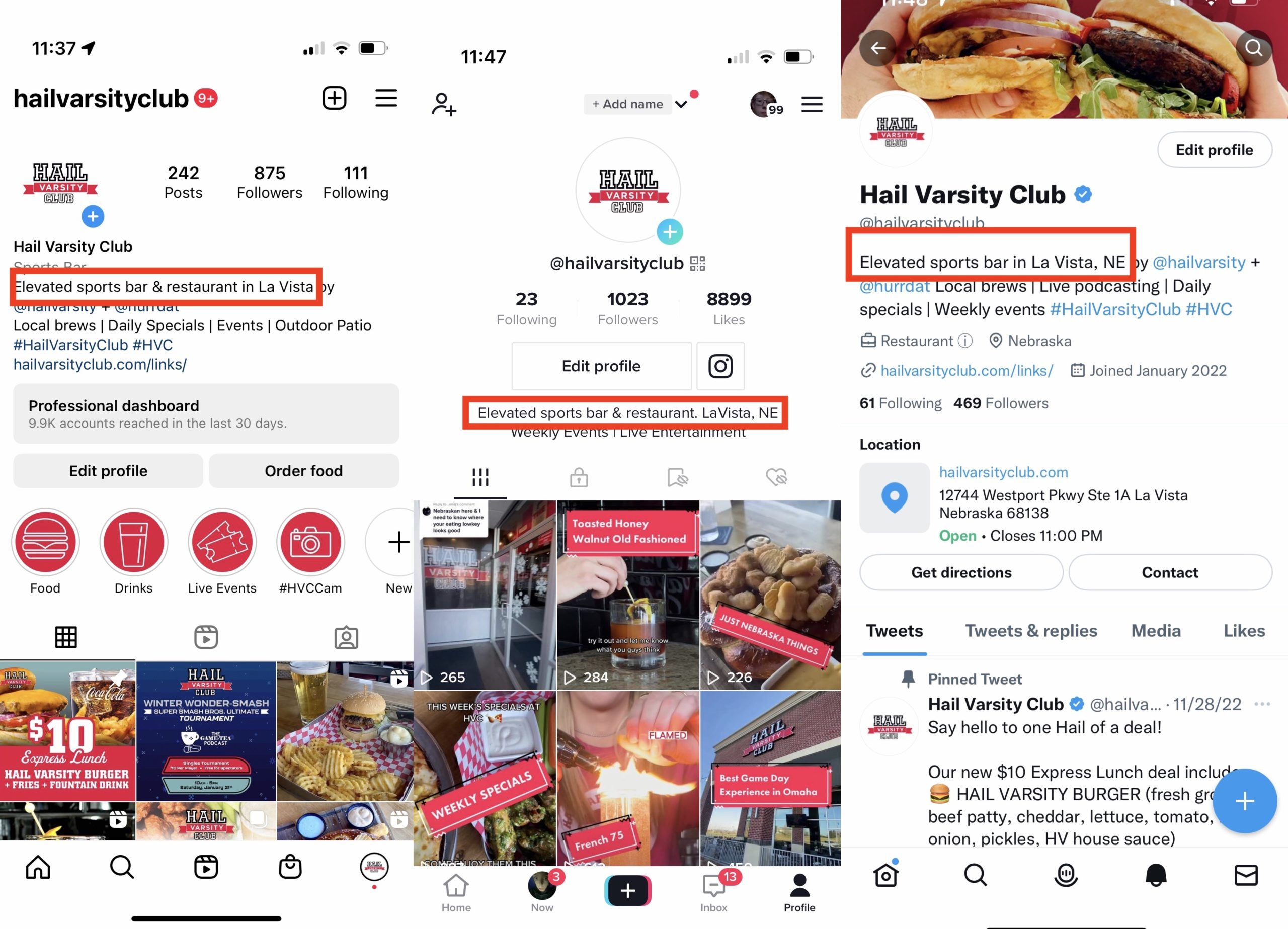 Collage of Hail Varsity Club social media account across Instagram, TikTok, and Twitter