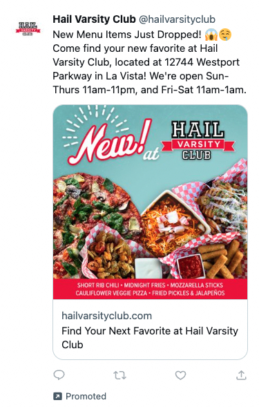Screenshot of Twitter promotion for new menu items at Hail Varsity Club