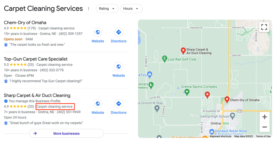Google Map Pack Listings WIth Business Category Highlighted