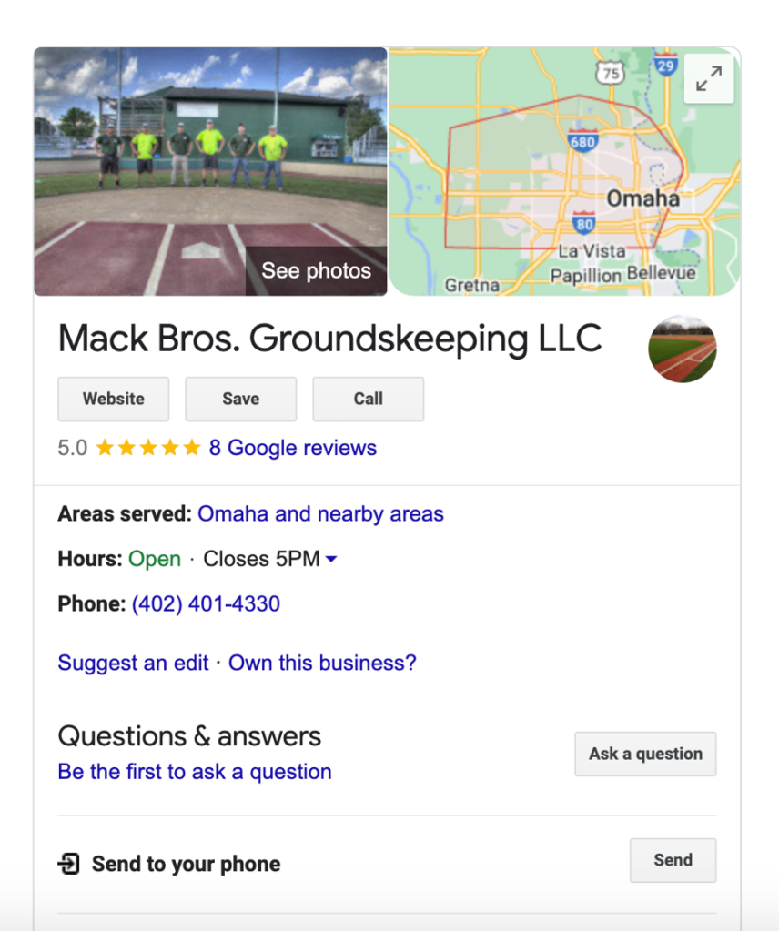 Service-area google listing for a groundskeeping business