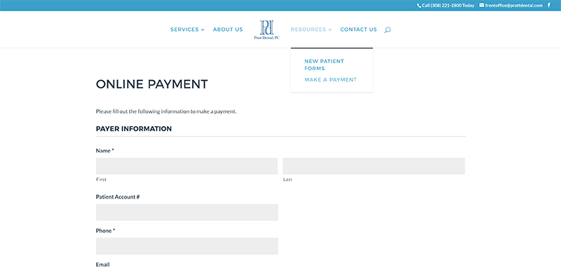Pratt Dental website screen shot payments