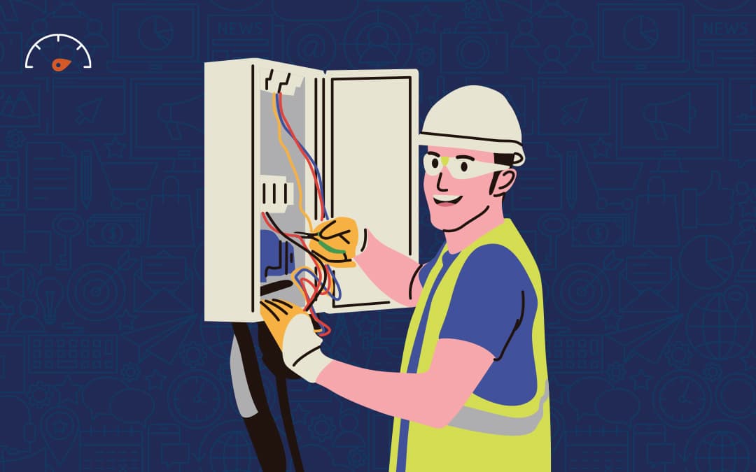 Drawing of electrician smiling while working on breaker box