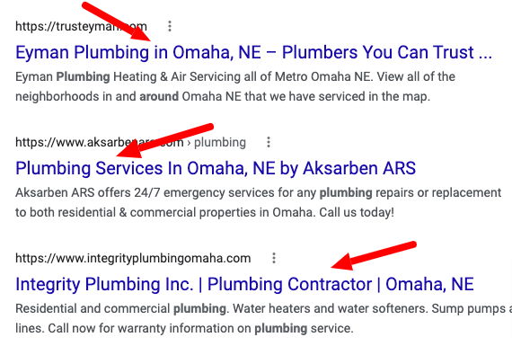 Example of a search engine results page for plumber-related search query