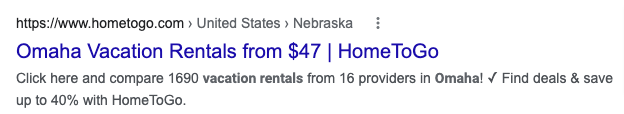 Another example of Omaha vacation rental result with short meta description from Home to Go