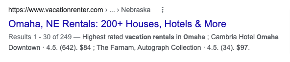 SEO title for Vacation Renter in Google Search with targeted keywords like "vacation rentals in Omaha"