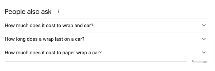 Example of a people also ask section for the search term "car wrap"