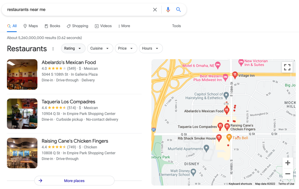 An example of local search results on a search engine results page