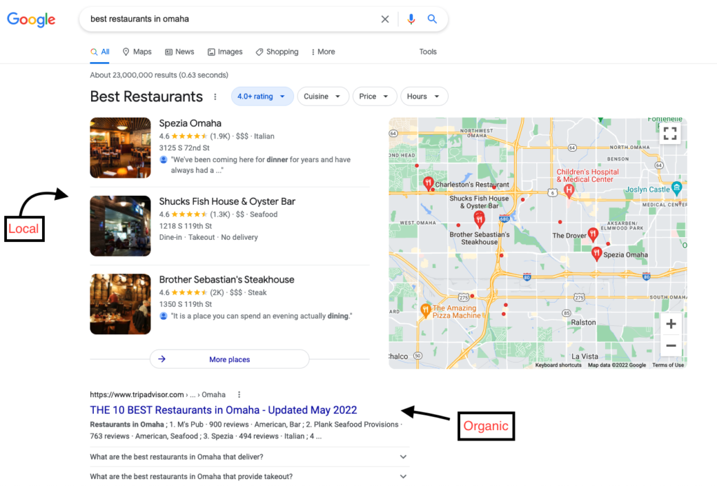 An example of a search engine results page with local and organic search results