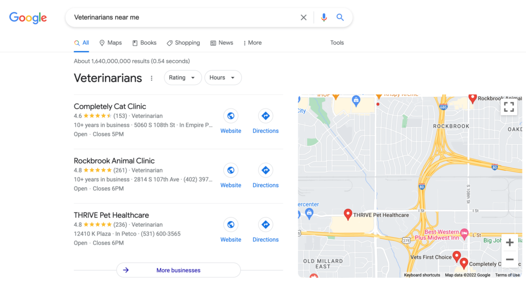 Example of Google Map Pack Search for Veterinarian in Omaha