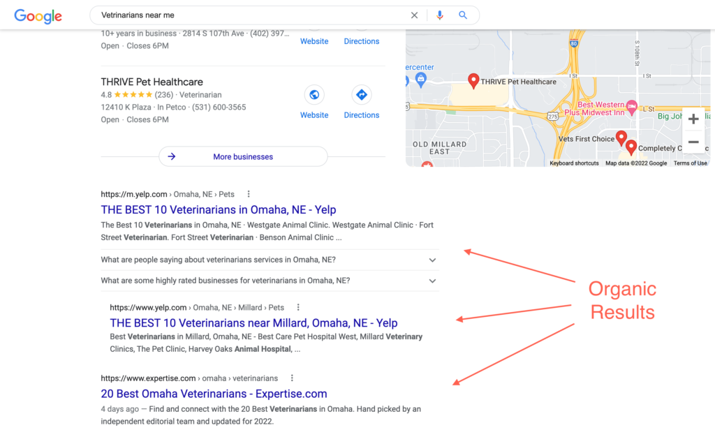 Screenshot example of local organic results for search for veterinarians in Omaha