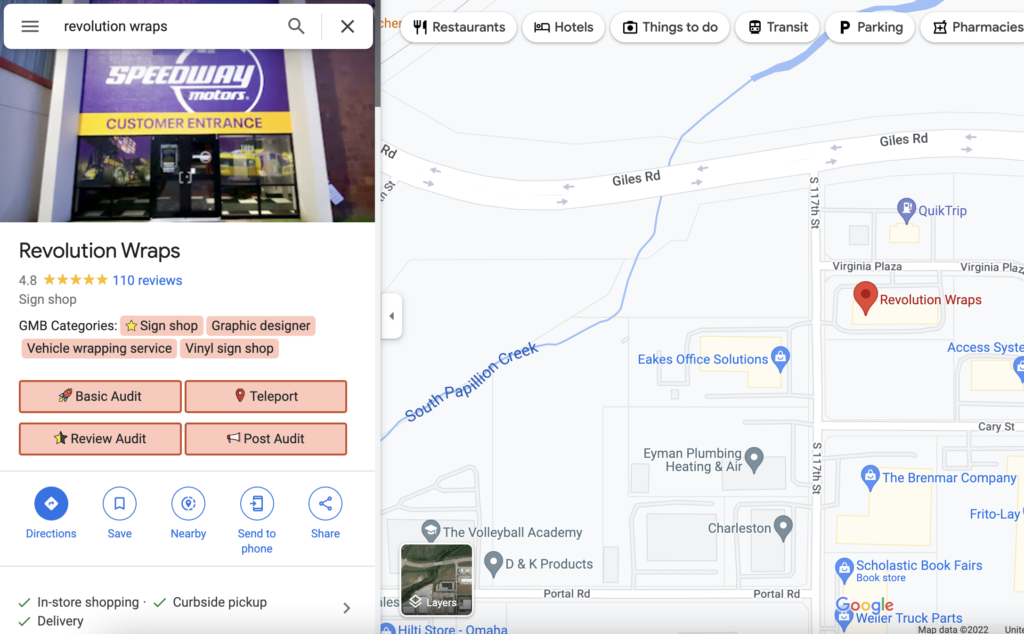 Business listing for Revolution Wraps in Google Maps with primary business category and secondary business categories highlighted in red by the GMB Everywhere software.