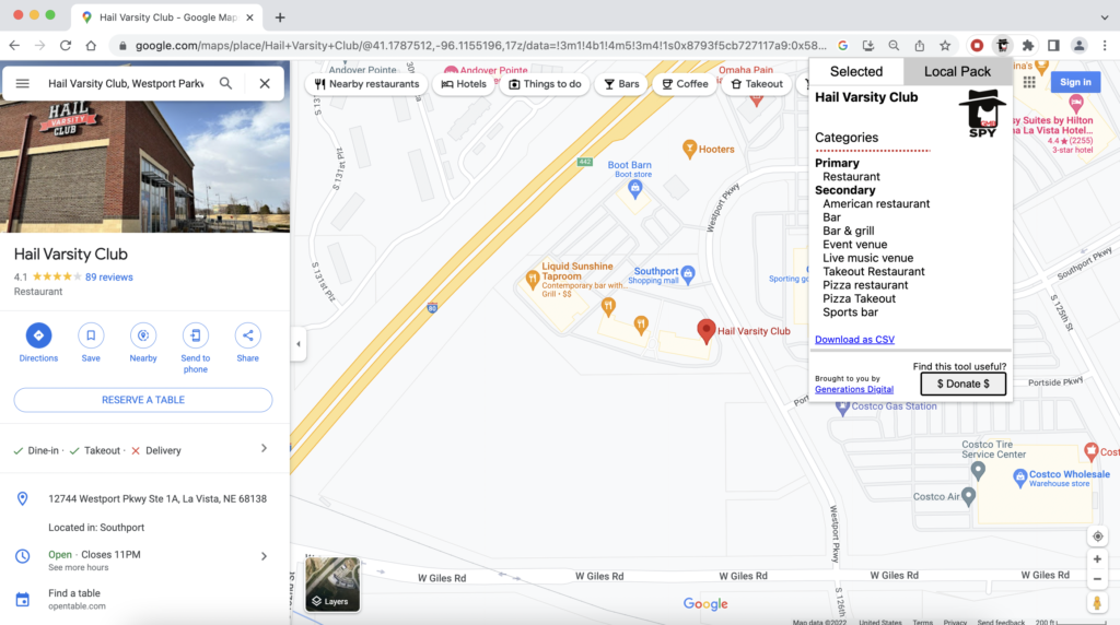 Hail Varsity Club business listing in Google Maps with the GMBspy extension open in the top right corner, listing primary and secondary business categories.