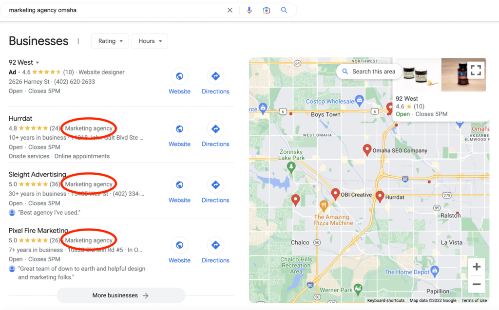 Marketing agency primary category search results for the Omaha area with the primary business categories circled in red.