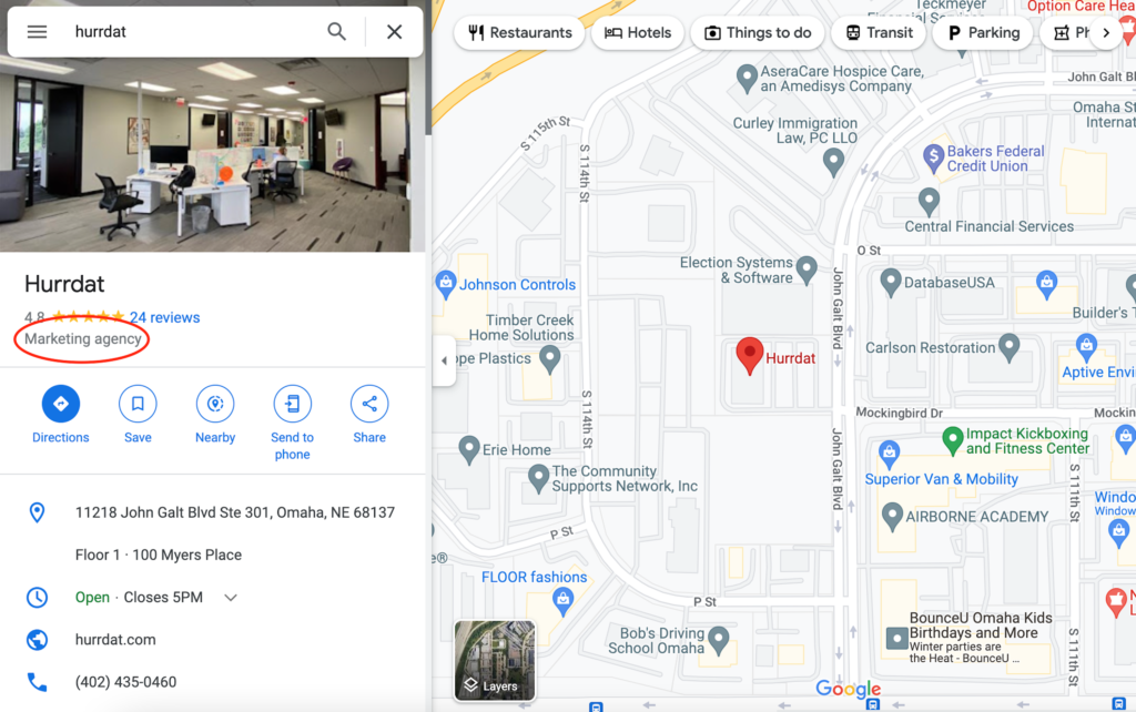 Hurrdat business listing in Google Maps with primary business category circled in red.