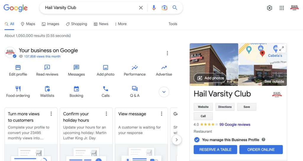 Google search results page with Hail Varsity Club business profile and "Your Business on Google Header"