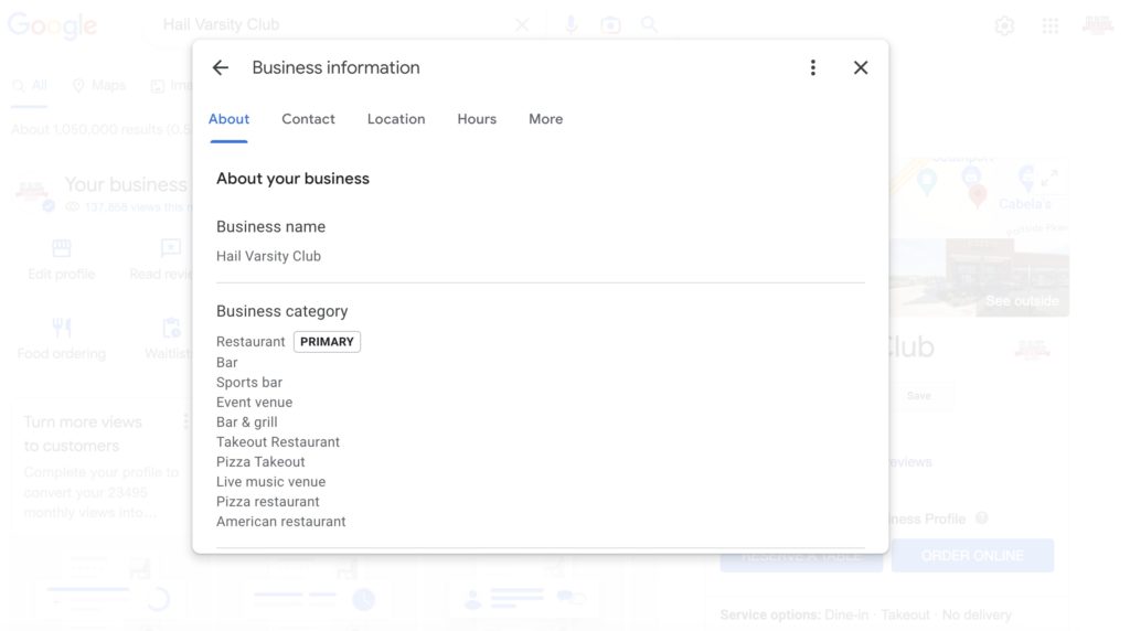 A pop-up where users can edit their Google Business information