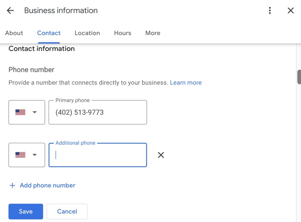 The phone number edit field seen after clicking the pencil icon beside "Phone number"