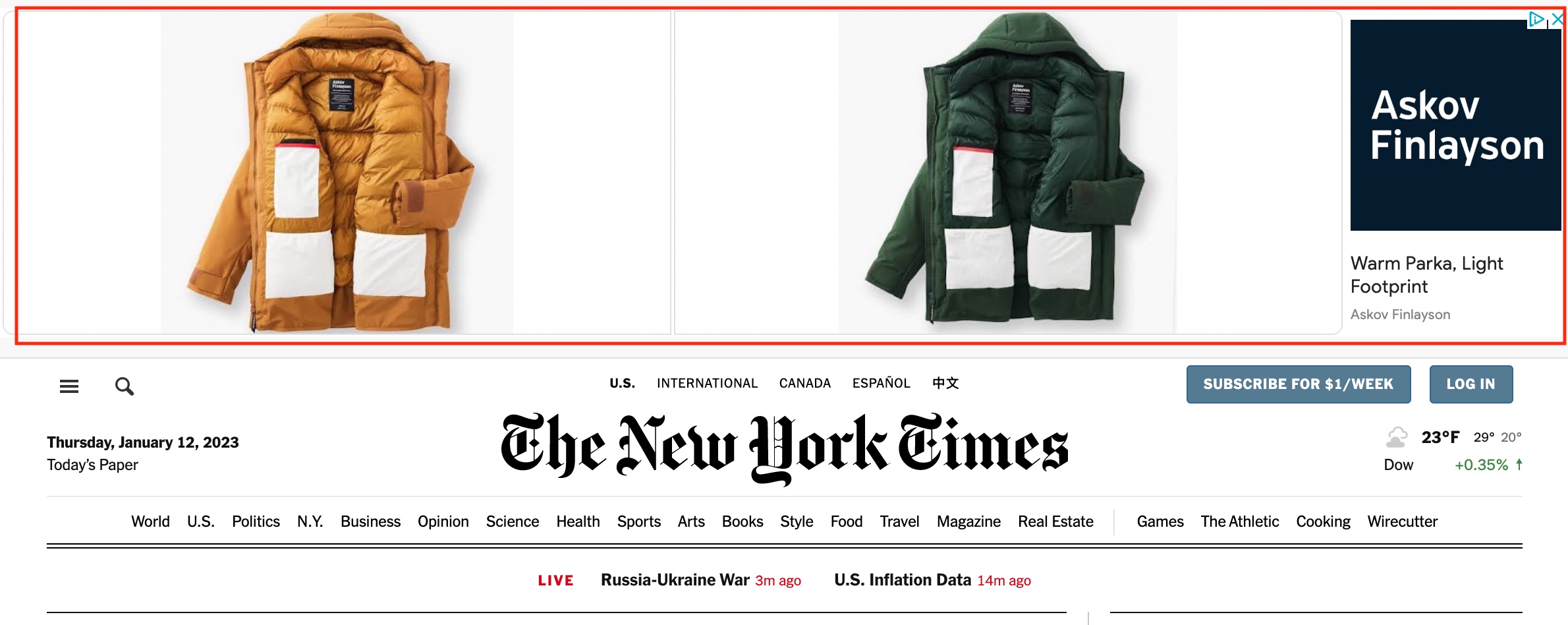 Screenshot of display ad on The New York Times banner for Askov Finlayson Parkas