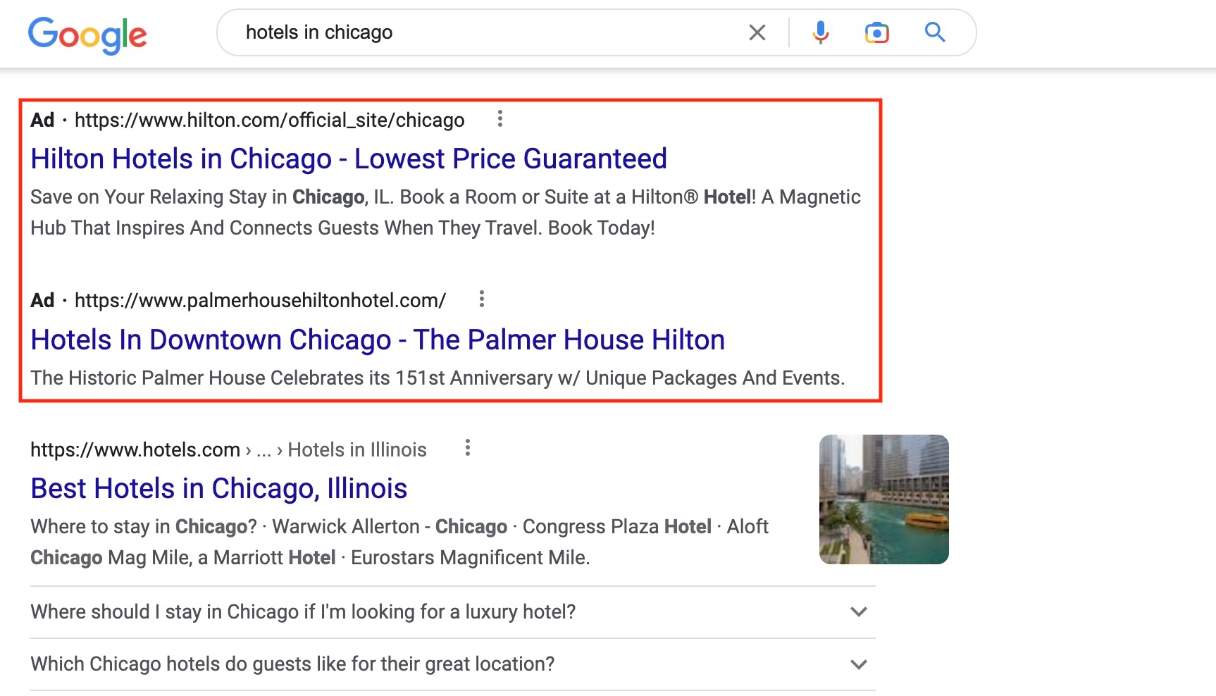 Screenshot of Google search results for search term "hotels in Chicago" with sponsored results highlighted
