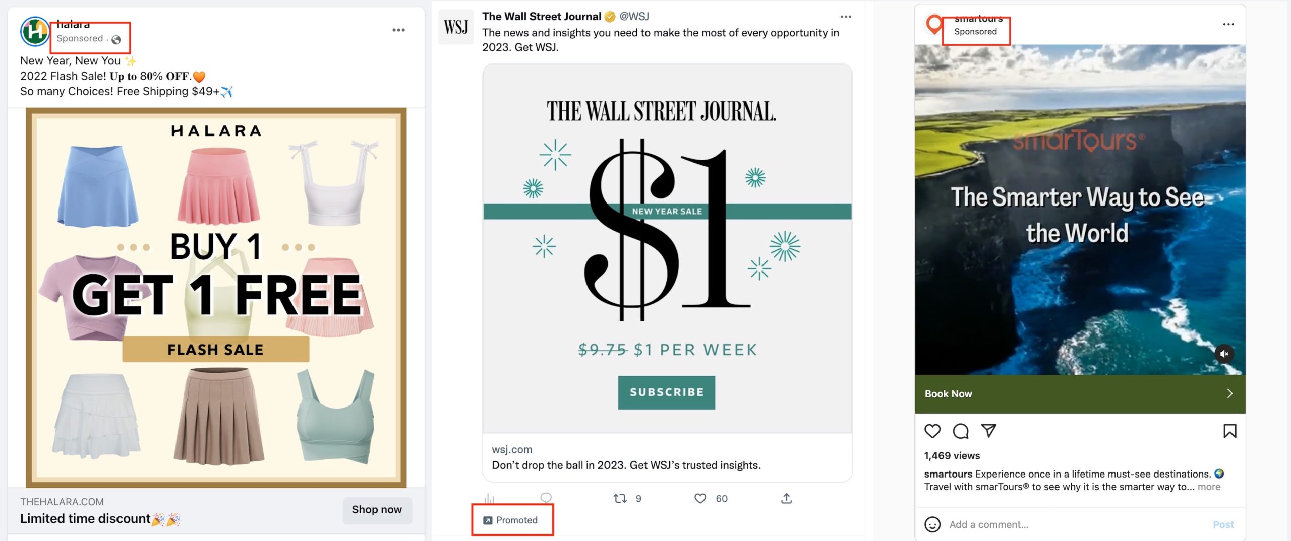 Screenshot collage of social media ads in feed for Halara's New Year's sale on Facebook, The Wall Street Journal subscription on Twitter, and Smarttours on Instagram