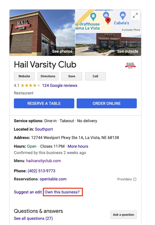 Screenshot of Hail Varsity Club Google Business Profile with red box around "Own this business?" button to claim the listing