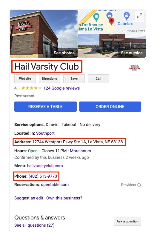 Screenshot of Hail Varsity Club Google Business Profile with red box around name, address, and phone number (NAP data)