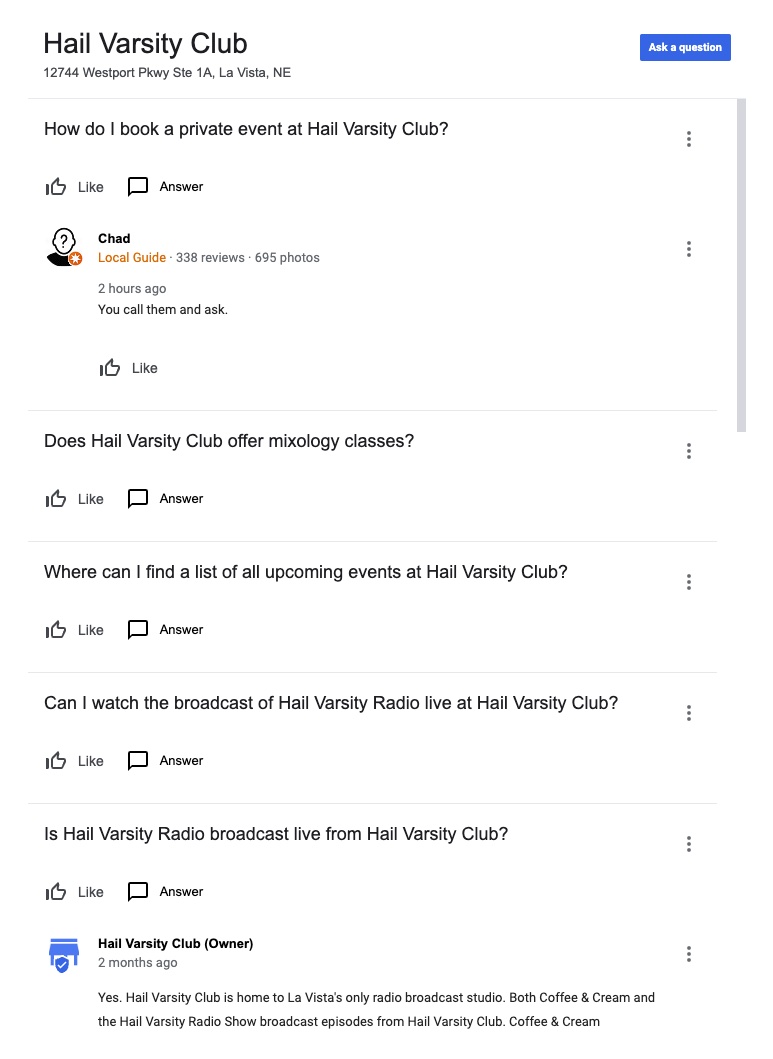 Screenshot of Q&As for Hail Varsity Club on Google listing