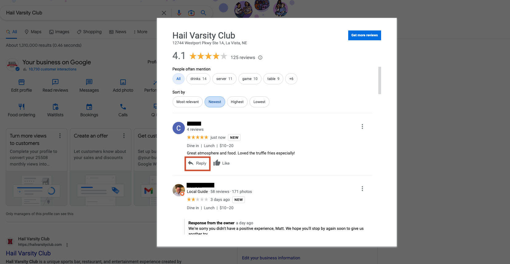 Screenshot of Hail Varsity Club reviews with red box around Reply for a recent comment