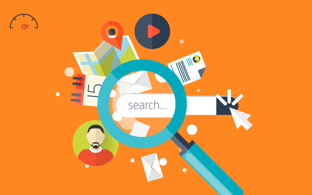 Featured image for How Do Customers Find Businesses Online with orange background and blue magnifying glass looking at search bar while surrounded by customer profile, data report, video play button, calendar, and map