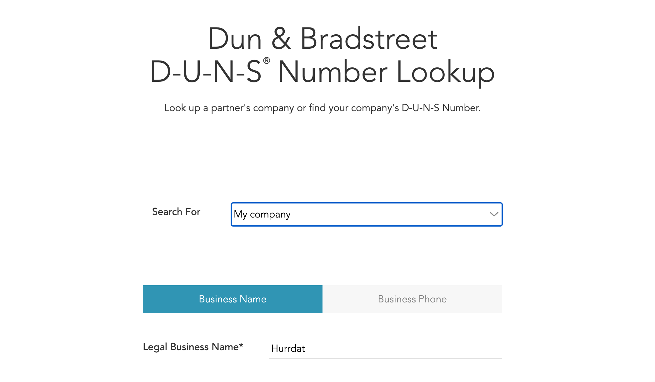 Screenshot of Dun & Bradstreet D-U-N-S number lookup website