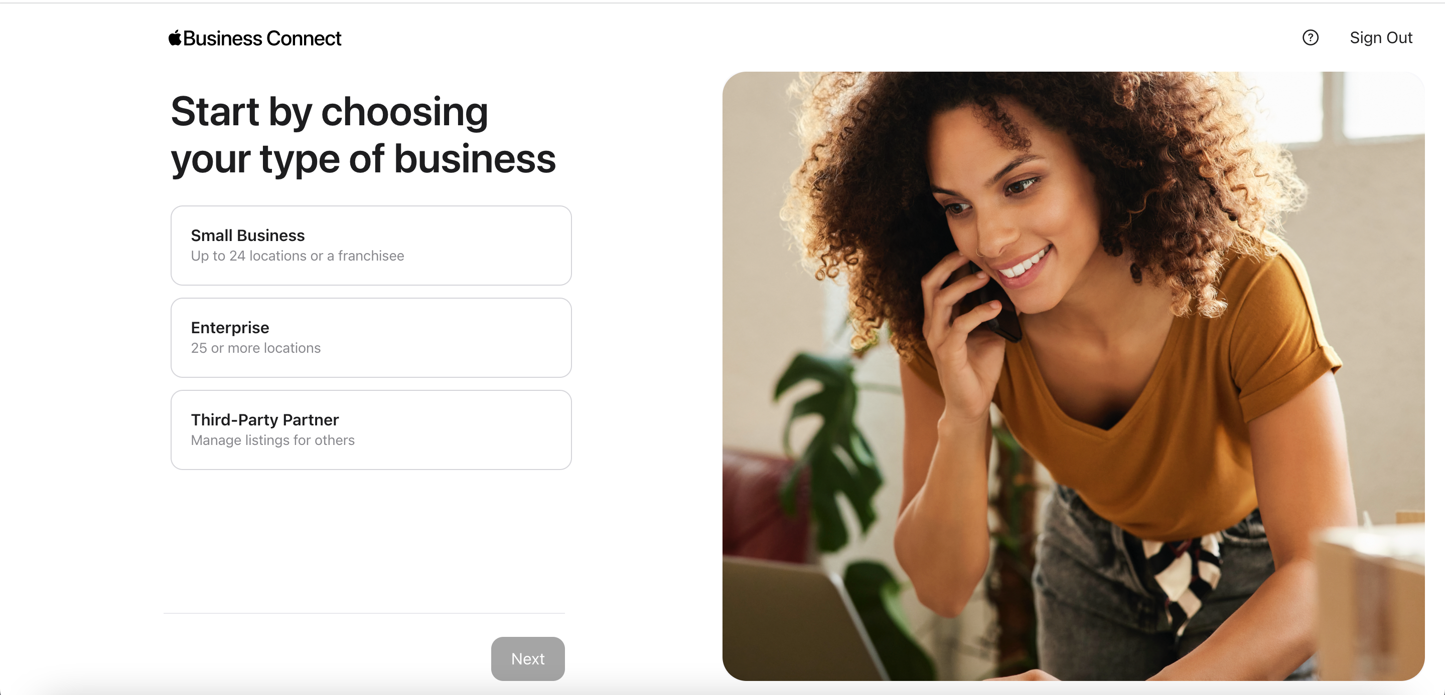 Screenshot of Apple Business Connect page for selecting your business type 