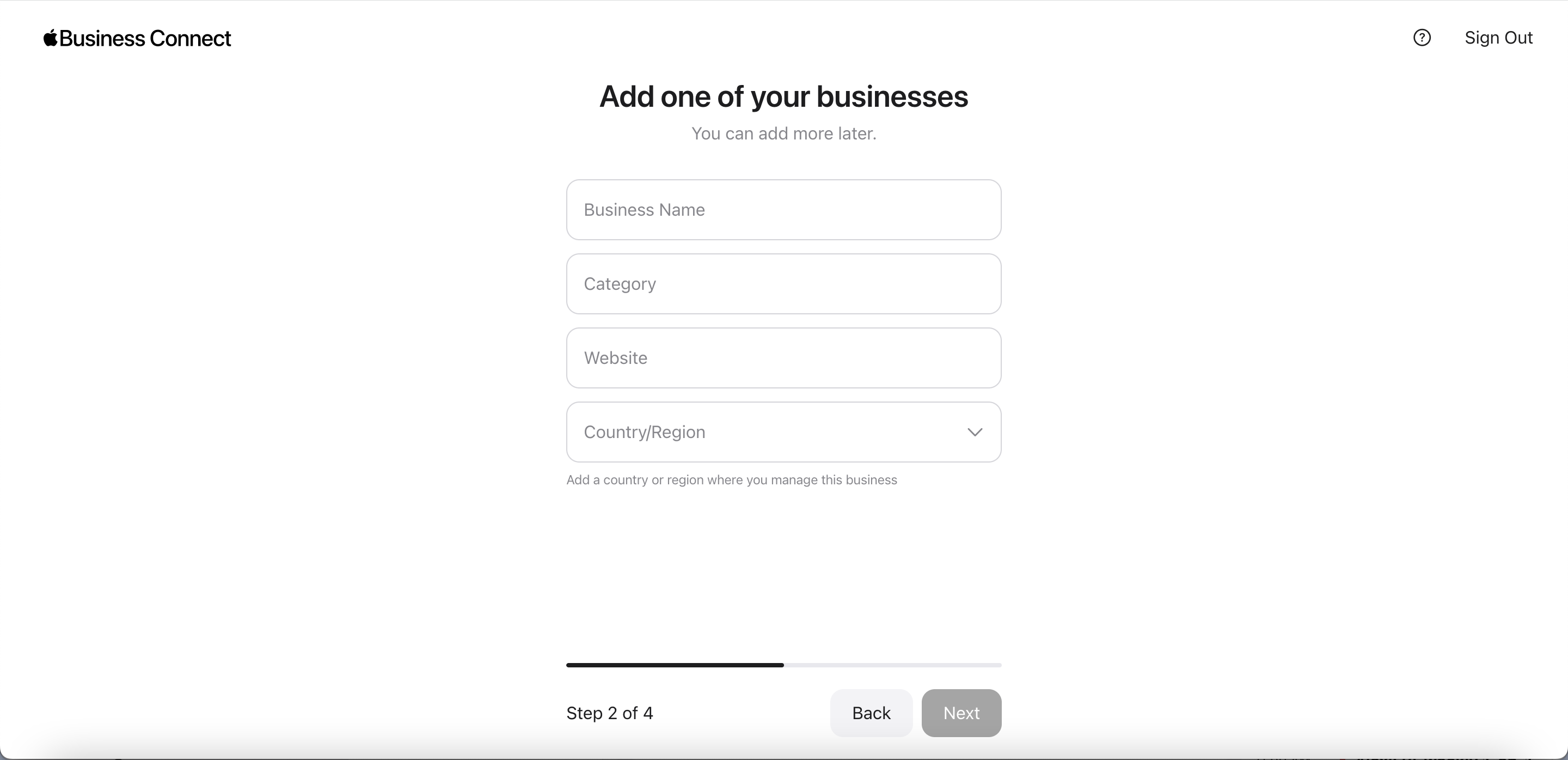 Screenshot of step 2 for Apple Business Connect Enterprise account with fields for business name, category, website, and country