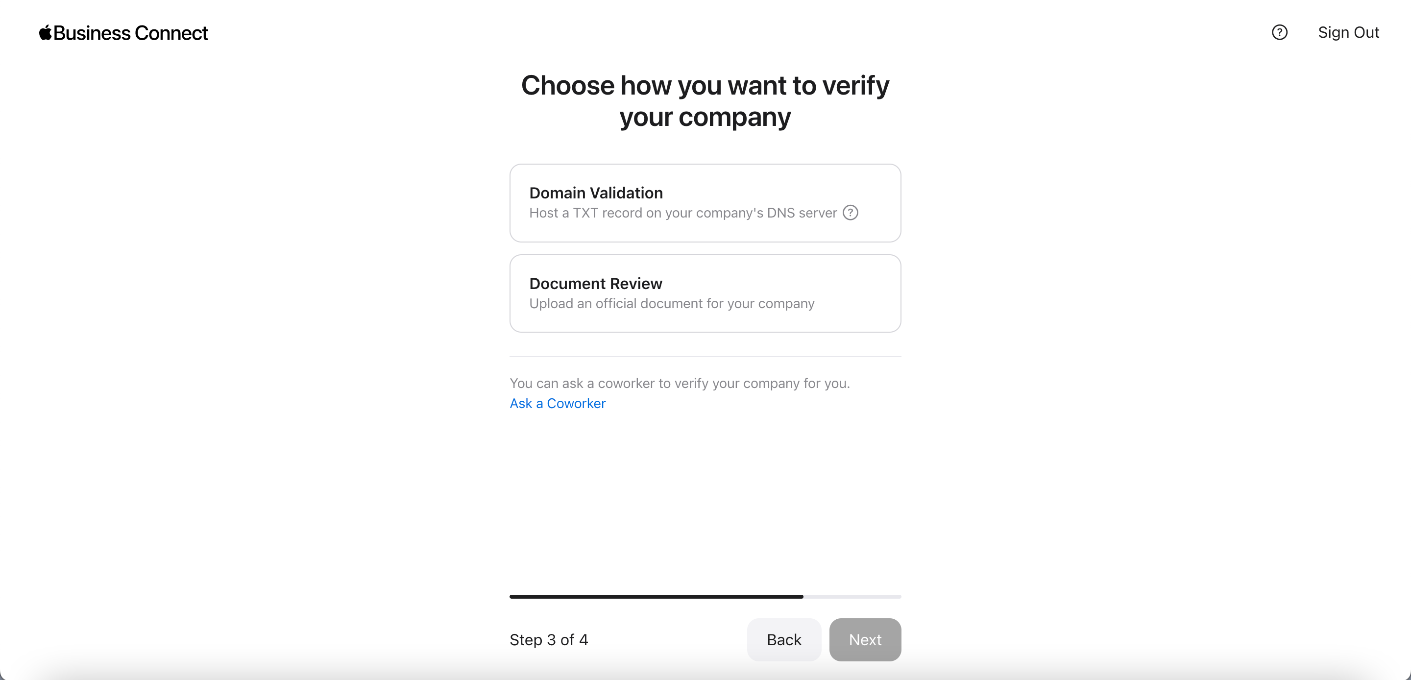 Screenshot of step 3 for Apple Business Connect Enterprise account with choice for how to verify your company via domain validation or document review 