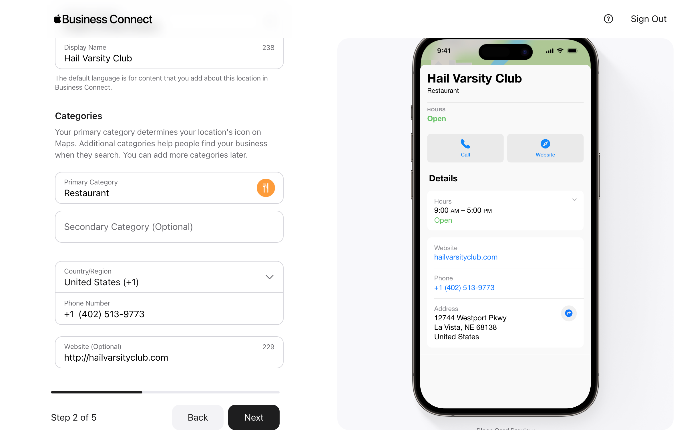 Screenshot of Apple Business Connect step 2 with Hail Varsity Club name, categories, phone number, and website information shown