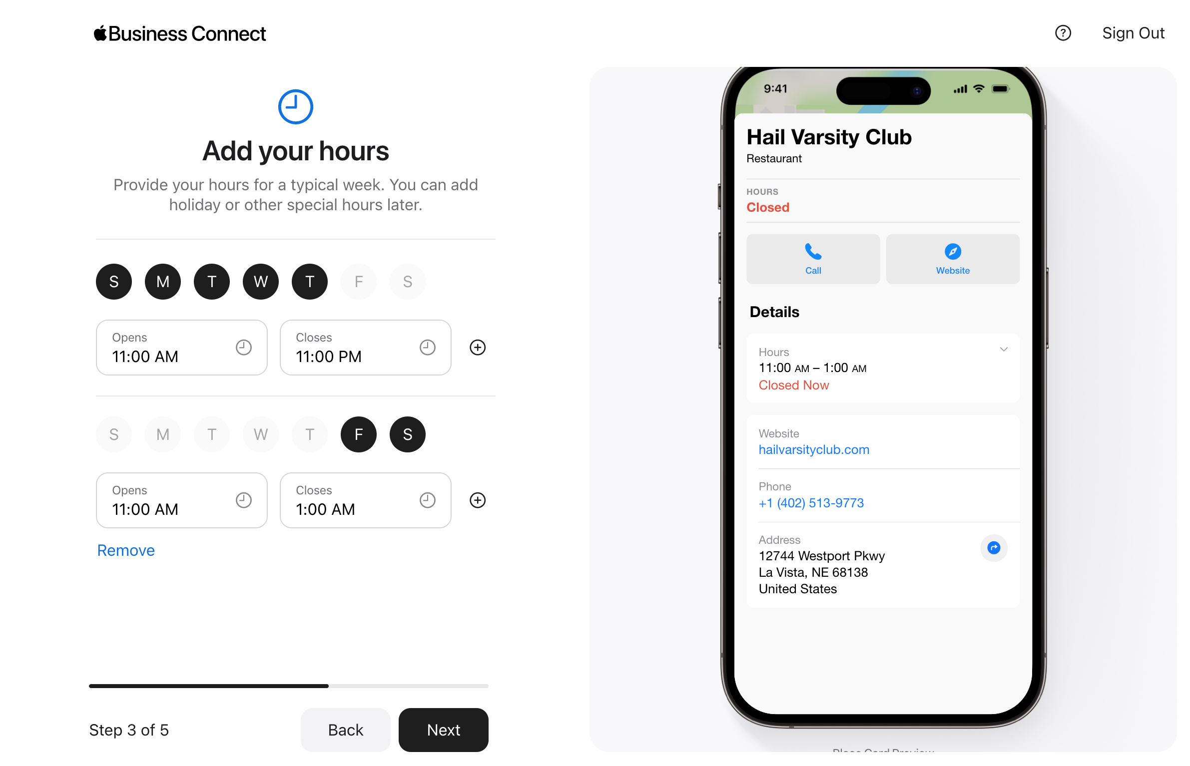 Screenshot of Apple Business Connect step 3 on the hours page with Hail Varsity Club's hours Sunday through Thursday displayed