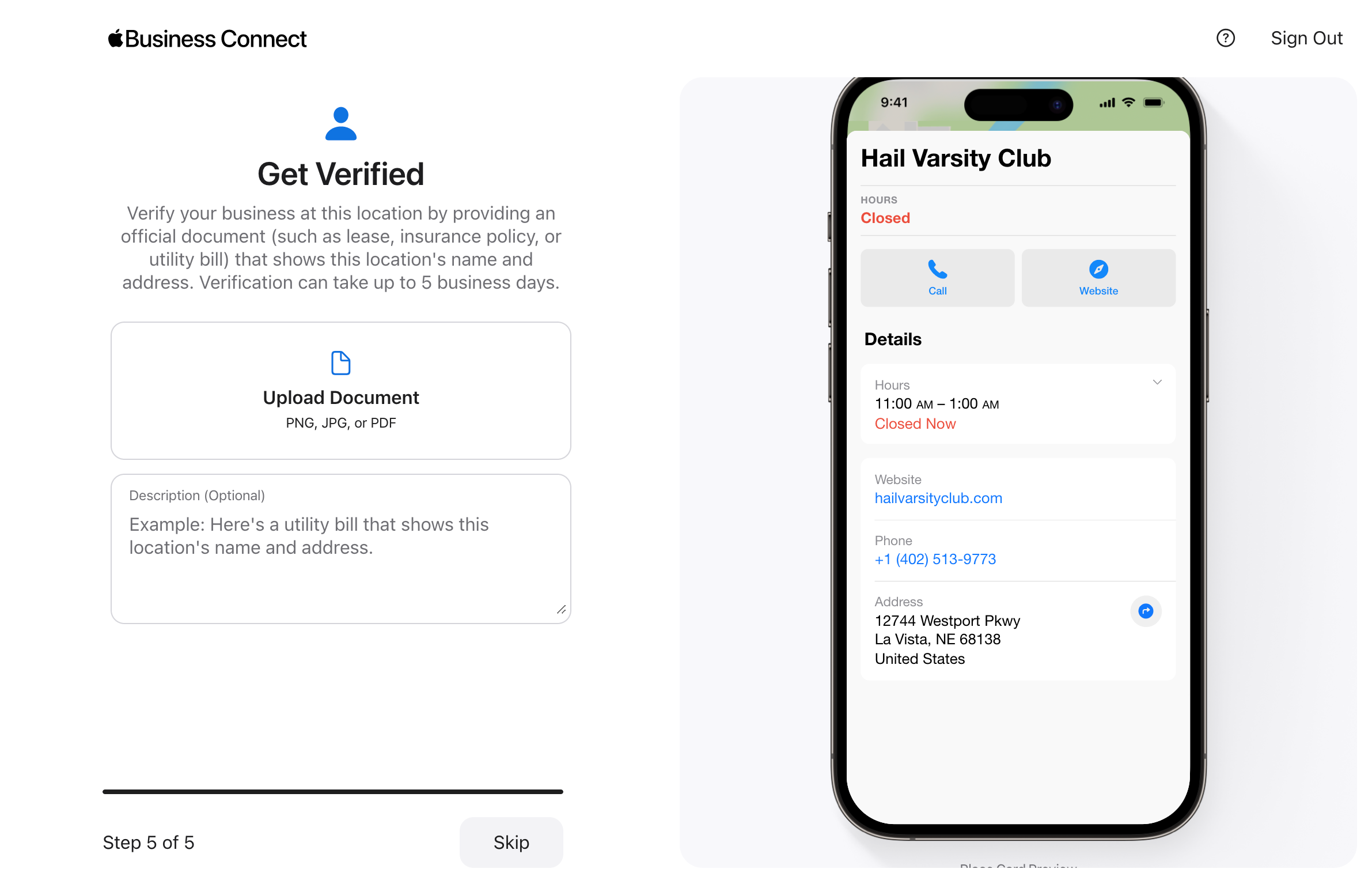 Screenshot of Apple Business Connect step 5 for getting verified with prompts to upload documents for Hail Varsity Club