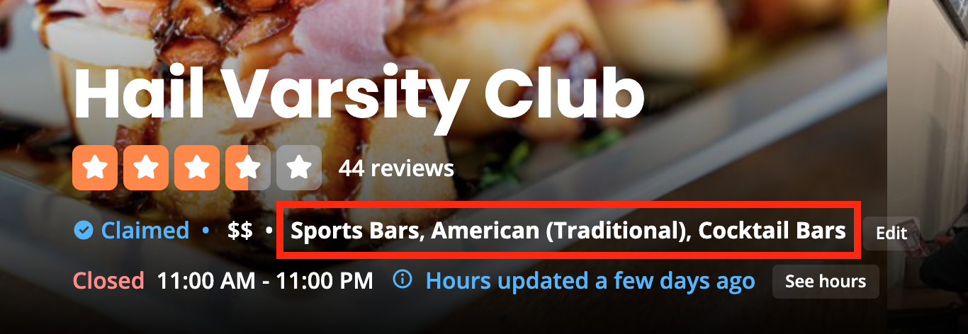 Screenshot of Hail Varsity Club with red box around business categories "Sports Bar," "American (Traditional)," and "Cocktail Bars"