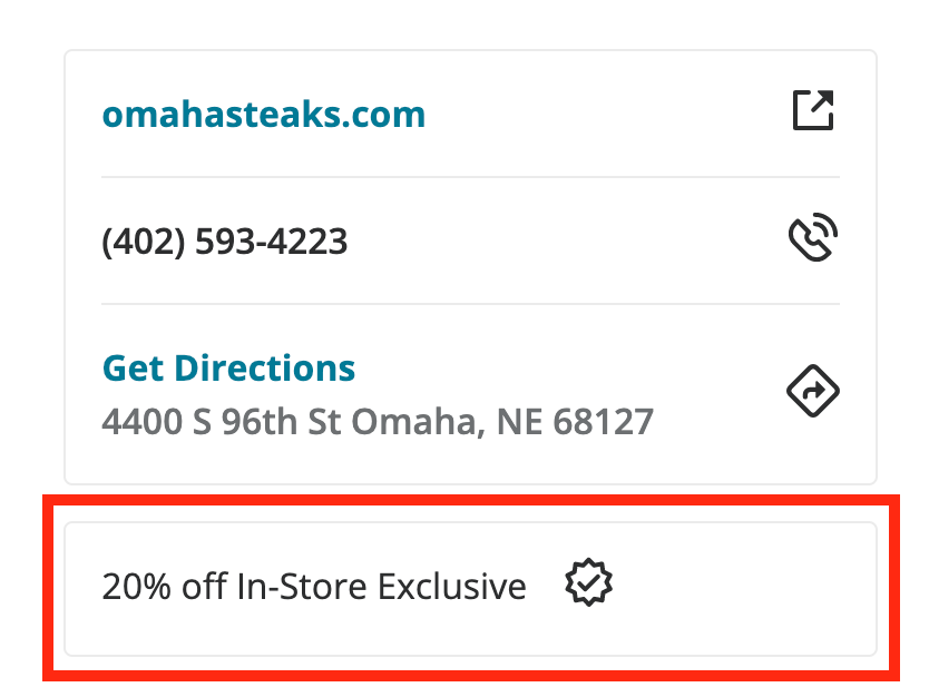 Screenshot of check-in offer on Yelp for 20% off in stores at Omaha Steaks