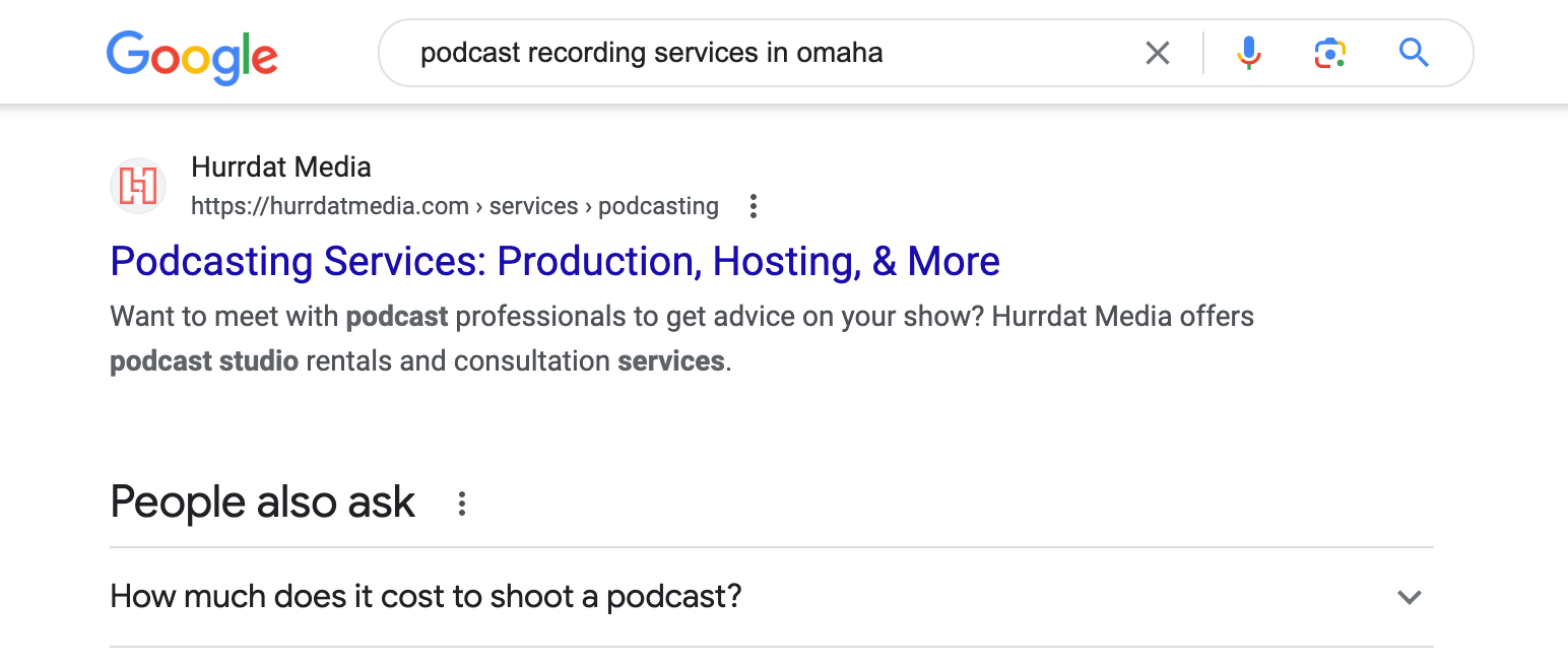 Search results for "podcast recording services in Omaha" with Hurrdat Media's Podcasting Services landing page